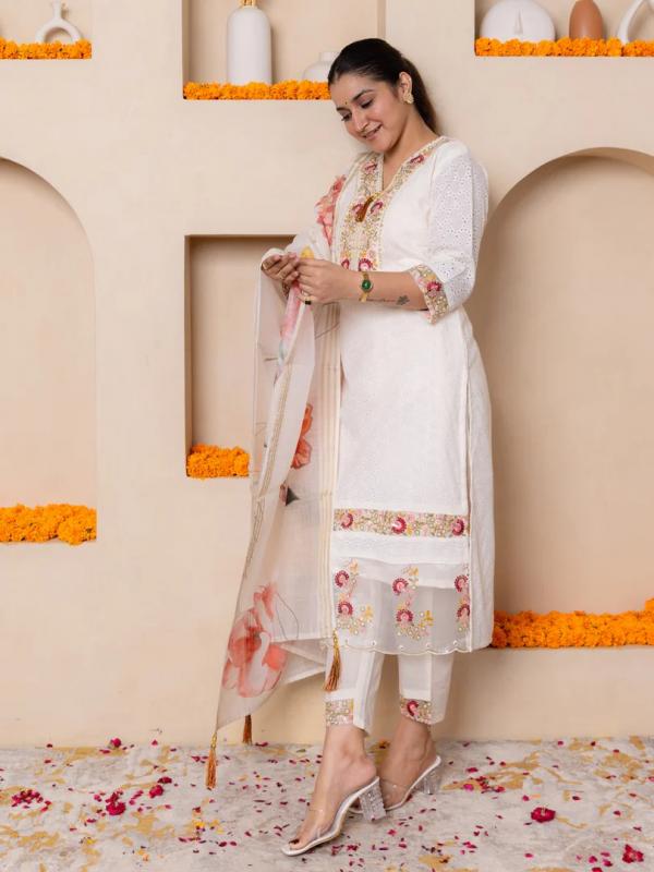 VP 9778 O Handwork Cotton Straight Kurta With Trousers & Dupatta Sets